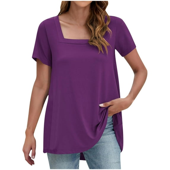 Otntypg Cute Womens Tops Casual Square Neck T Shirts Summer Short Sleeve Basic Tees Loose Flowy Comfy Tunic Blouse for Leggings Purple XXXL