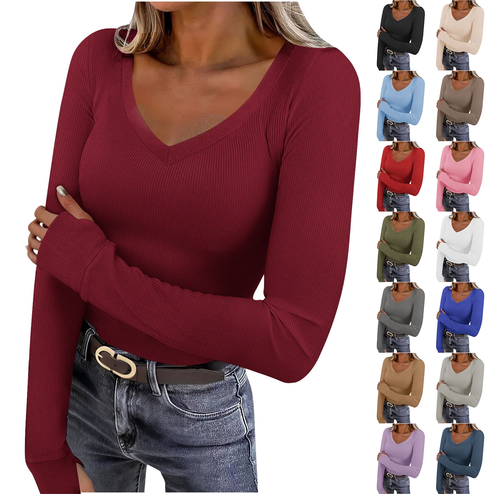 Otntypg Deep V Neck Long Sleeve Shirts for Women Ribbed Knit Going Out ...