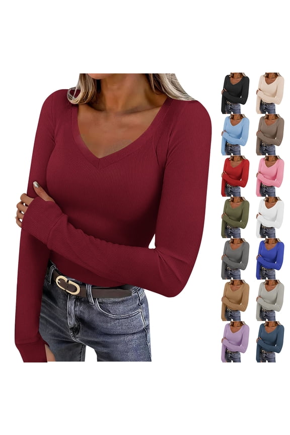 Deep V Neck Long Sleeve Shirts for Women Ribbed Knit Going Out Tops Trendy Slim Fitted Casual Solid Color Basic Tee Shirt with Thumb Holes White XL