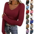 thumbnail image 1 of Otntypg Deep V Neck Long Sleeve Shirts for Women Ribbed Knit Going Out Tops Trendy Slim Fitted Casual Solid Color Basic Tee Shirt with Thumb Holes Wine XL, 1 of 10