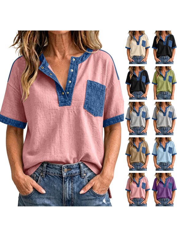 Denim Patchwork Shirts for Women Trendy Color Block Summer Short Sleeve Half Snap Button Down V Neck Henley Tunic Blouse Loose Fit Cotton Tees Tops with Pockets