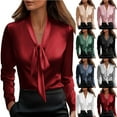 thumbnail image 1 of Otntypg Elegant Satin Blouses for Women Dressy Casual Button Down Shirt Satin Silk Long Sleeve Front Bowknot Cowl Neck Shirts Dress Work Business Blouses Tops Pink L, 1 of 9