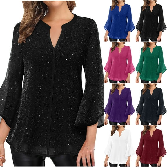 Otntypg Elegant Sparkly Tops for Women Casual Ruffled 3/4 Length Sleeve V Neck Tunic Shirts Loose Flowy Comfy Mesh Layered Party Dressy Blouses Black S