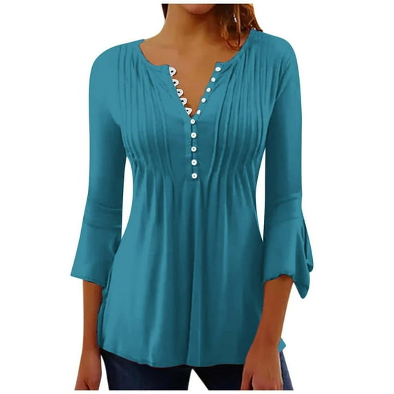 Otntypg Elegant Women Tunic Blouse Summer Casual 3/4 Bell Sleeve Button up V Neck Plain Tees Shirt Loose Flowy Ruched Pleated Henley T-Shirts for Leggings A-Blue#01 M