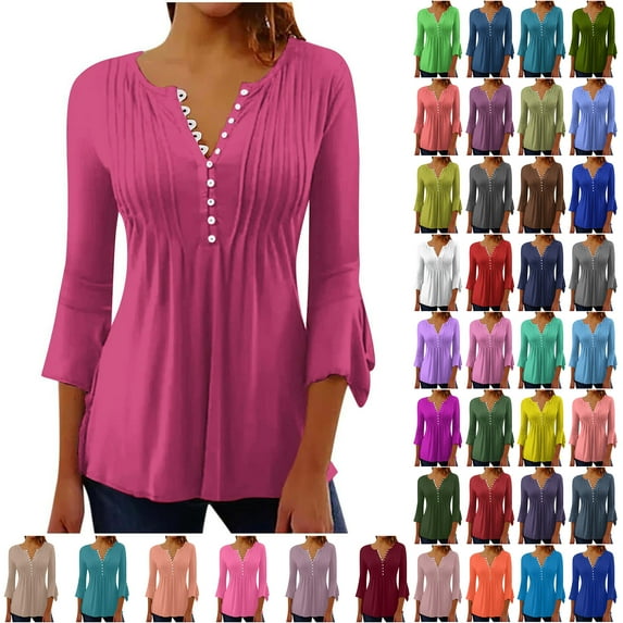Otntypg Elegant Women Tunic Blouse Summer Casual 3/4 Bell Sleeve Button up V Neck Plain Tees Shirt Loose Flowy Ruched Pleated Henley T-Shirts for Leggings C-Hot Pink L