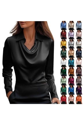 Elegant Women's Satin Cowl Neck Blouse Dressy Casual Solid Color Long Sleeves Business Silk Shirts Office Work Ladies Tops Dark Blue L
