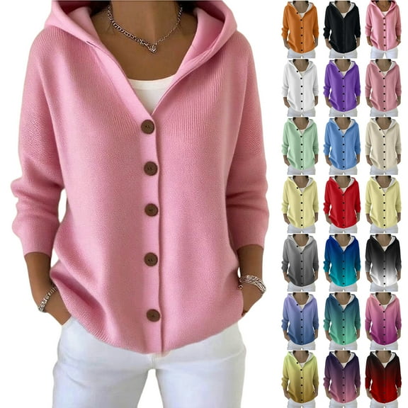 Otntypg Fall Cardigan Sweaters for Women Casual V Neck Knit Long Sleeve Button Down Hooded Outwear Coat Fashion 2025 Winter Thick Warm Knitwear Tops Blue S