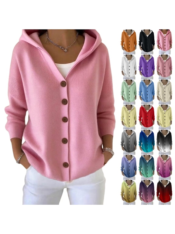 Fall Cardigan Sweaters for Women Casual V Neck Knit Long Sleeve Button Down Hooded Outwear Coat Fashion 2025 Winter Thick Warm Knitwear Tops Sky Blue XL
