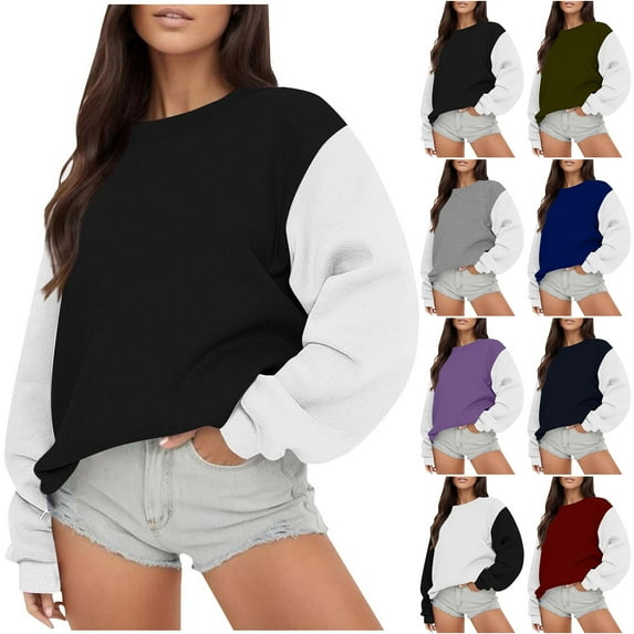Otntypg Fall Colorblock Sweatshirts for Women Lightweight Long Sleeve Baggy Crewneck Pullover Tops Trendy Oversized Comfy Basic Athletic Shirts Black S