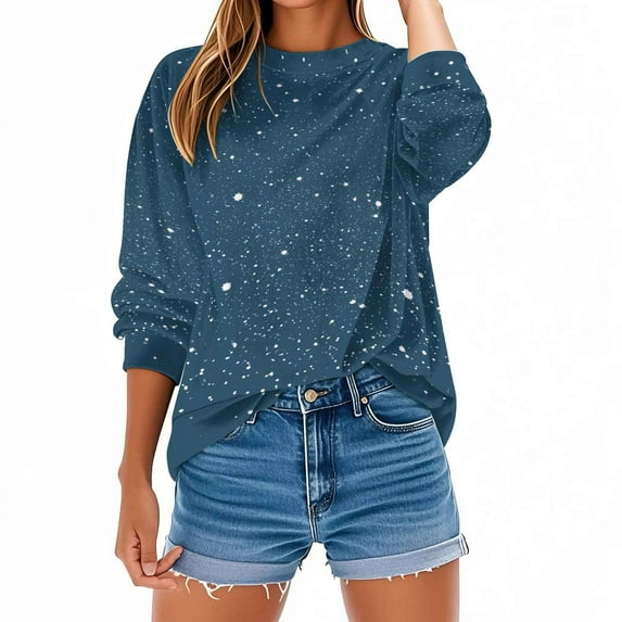 Otntypg Fall Crewneck Sweatshirts for Women Lightweight Thin Long Sleeve Shinny Sequin Printed Pullover Tops Loose Oversized Dressy Party Glitter Shirts Fashion Outfits Clothes 2025 Dark Blue#01 L