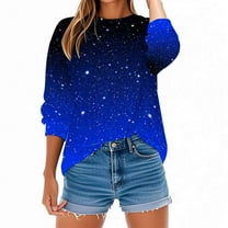 Otntypg Fall Crewneck Sweatshirts for Women Lightweight Thin Long Sleeve Shinny Sequin Printed Pullover Tops Loose Oversized Dressy Party Glitter Shirts Fashion Outfits Winter Clothes 2025 Blue L