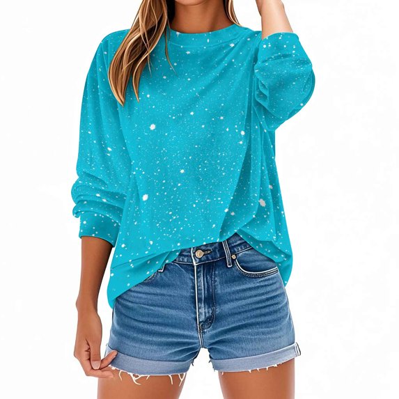 Otntypg Fall Crewneck Sweatshirts for Women Lightweight Thin Long Sleeve Shinny Sequin Printed Pullover Tops Loose Oversized Dressy Party Glitter Shirts Fashion Outfits Clothes 2025 Sky Blue#03 XXL