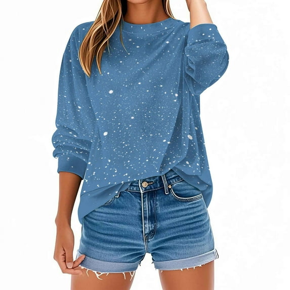 Otntypg Fall Crewneck Sweatshirts for Women Lightweight Thin Long Sleeve Shinny Sequin Printed Pullover Tops Loose Oversized Dressy Party Glitter Shirts Fashion Outfits Winter Clothes 2025 Blue#01 S