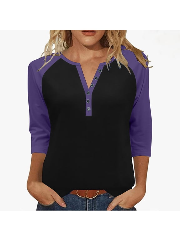 Fall Henley Shirts for Women Dressy Casual Button V Neck Raglan 3/4 Length Sleeve Jersey Baseball T-Shirts Loose Soft Cotton Sport Athletic Basic Tee Tops Purple#05 L