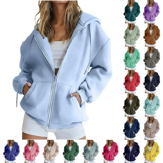 Otntypg Fall Jackets for Women Lightweight Casual Full Zip up Long Sleeve Hooded Pullover Sweatshirts Sherpa Fleece Lined Warm Hoodie Outwear Tops with Pockets Sky Blue XXXL