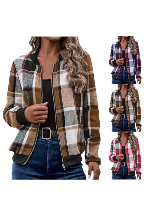 Fall Plaid Jackets for Women Lightweight Casual Full Zip up Long Sleeve Cardigan Outwear Coat Trendy Bomber Jacket Tops Brown S