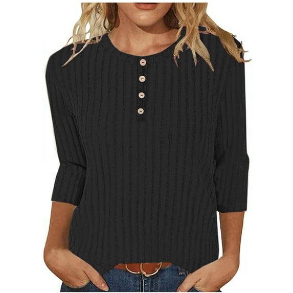 Otntypg Fall Spring Sweater Tops for Women Casual Half Button up Three Quarter Length Sleeve Crewneck Ribbed Striped Knit Pullover Henley T-Shirts Loose Fit Comfy Tunic Blouse Black S