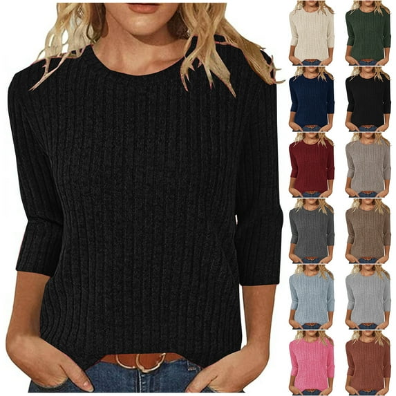 Otntypg Fall Spring Sweaters for Women Lightweight Casual 3/4 Sleeve Round Neck Ribbed Knit Pullover Tops Fashion Dressy Tunic Blouse Dark Gray L