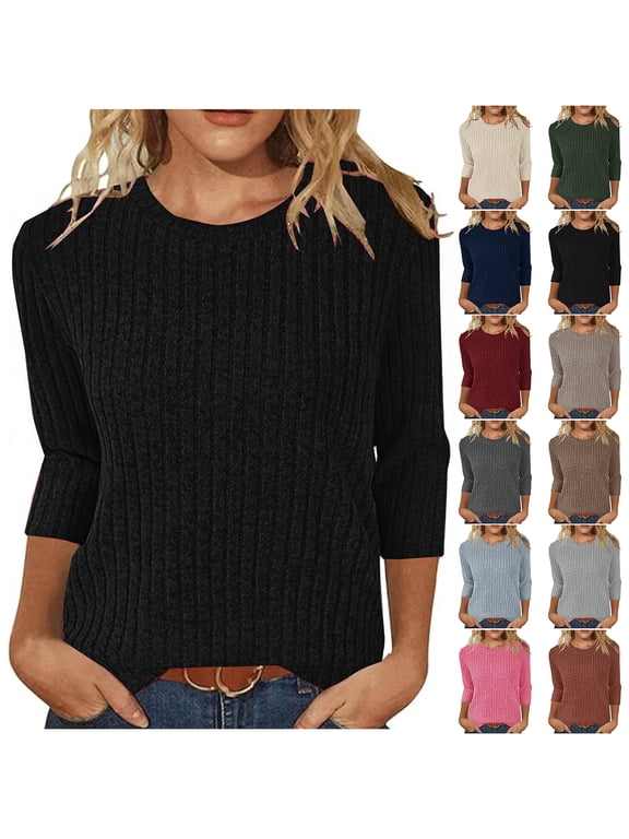 Fall Spring Sweaters for Women Lightweight Casual 3/4 Sleeve Round Neck Ribbed Knit Pullover Tops Fashion Dressy Tunic Blouse Gray M