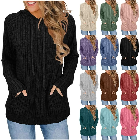 Otntypg Fall Sweaters for Women Casual Drawstring Long Sleeve Ribbed Knitted Hooded Pullover Sweater Tops Loose Fit Dressy Hoodie Outwear Coat with Pockets Hot Pink XXL