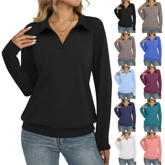 Otntypg Fall Sweatshirts for Women Lightweight Casual Lapel Collared V Neck Long Sleeve Solid Color Pullover Tops Loose Fit Basic Athletic T-Shirts Navy S