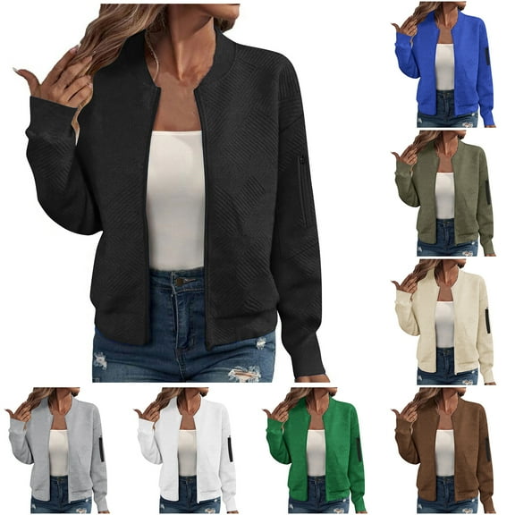 Otntypg Fall Textured Bomber Jackets for Women Dressy Casual Full Zip up Long Sleeve Stand Collar Baseball Jacket Lightweight Comfy Outwear Coat with Arm Zipper Pockets Blue M