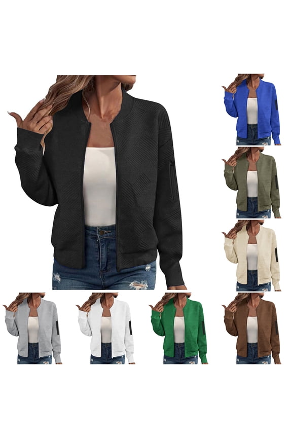 Fall Textured Bomber Jackets for Women Dressy Casual Full Zip up Long Sleeve Stand Collar Baseball Jacket Lightweight Comfy Outwear Coat with Arm Zipper Pockets Black L