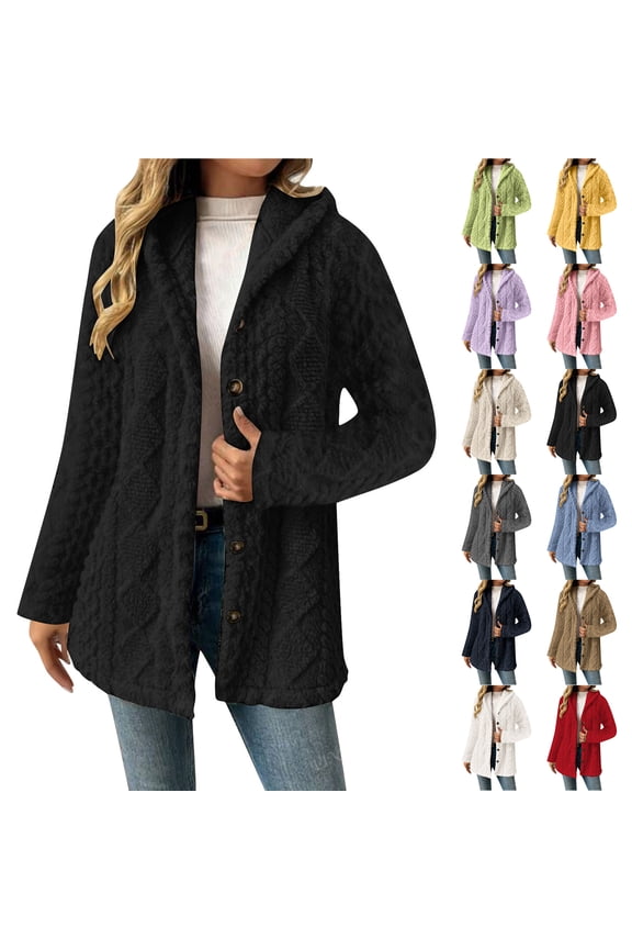 Fall Winter Fleece Hooded Jackets for Women Plush Thick Warm Button Long Sleeve Open Front Cardigan Tops Loose Oversized Comfy Fuzzy Hoodie Outwear Coat Blue XXXXL