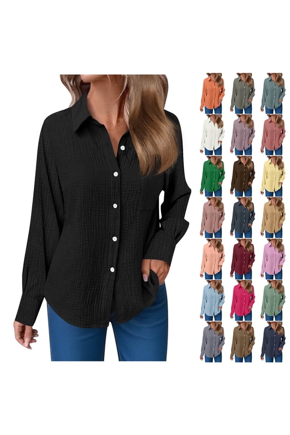 Fall Women Button Down Shirts Lightweight V Neck Collared Work Blouse Long Roll Up Cuffed Sleeve Pocket Casual Boyfriend Cotton Tops Coffee L