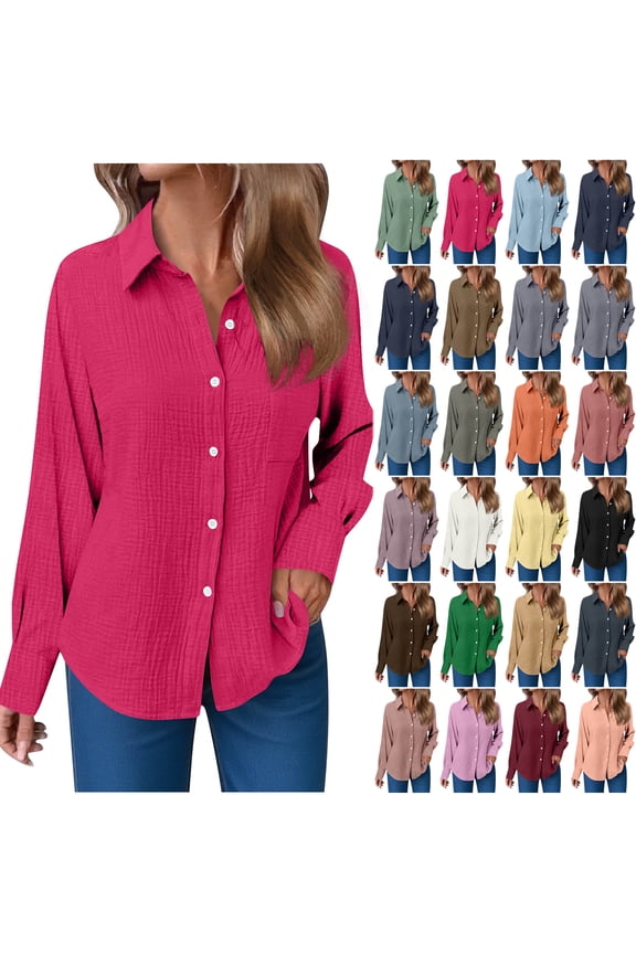 Fall Women Button Down Shirts Lightweight V Neck Collared Work Blouse Long Roll Up Cuffed Sleeve Pocket Casual Boyfriend Cotton Tops Navy Blue S