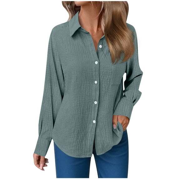 Otntypg Fall Women Button Down Shirts Lightweight V Neck Collared Work Blouse Long Roll Up Cuffed Sleeve Pocket Casual Boyfriend Cotton Tops Sky Blue XL