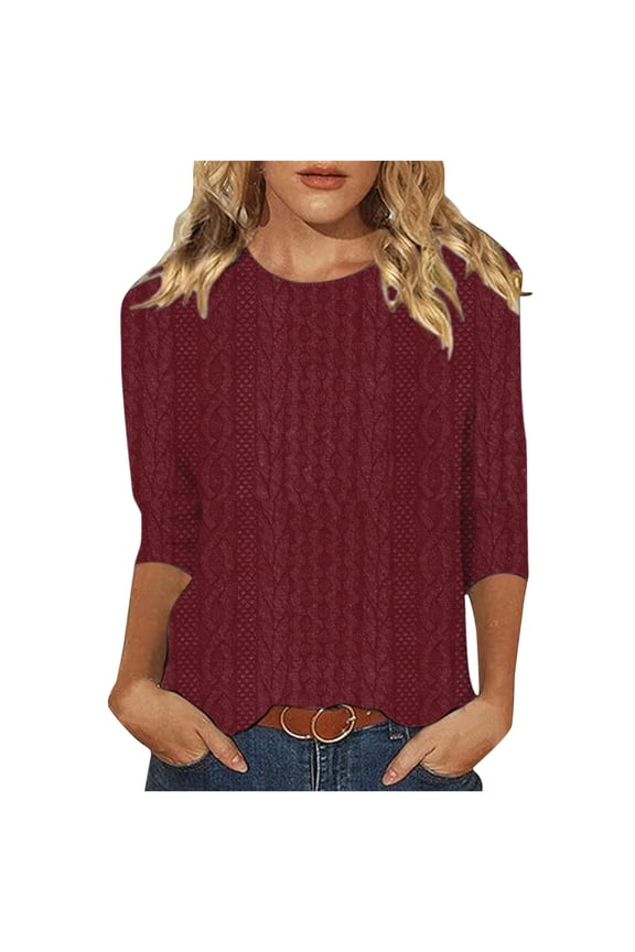 Fall Womens 3/4 Sleeve Tops Casual Twist Cable Knitted Three Quarter Length Sleeves Crewneck Sweaters Loose Fit Dressy Tunic Blouse Red S