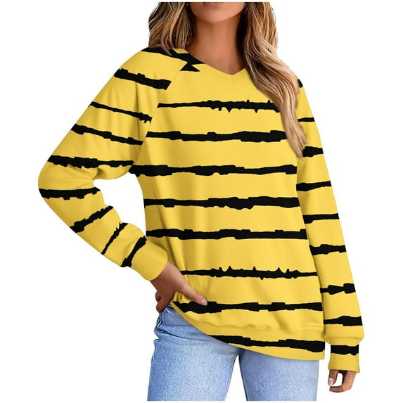 Otntypg Fall Womens Baggy Sweatshirts Lightweight Casual Striped Color Block Printed Long Sleeve Oversized Crewneck Pullover Tops with Pockets Trendy Basic Tunic Outfit Clothes Yellow S