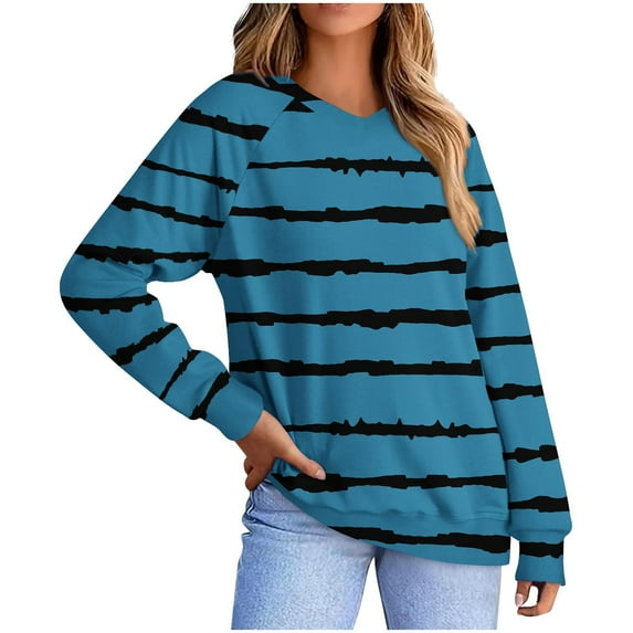 Otntypg Fall Womens Baggy Sweatshirts Lightweight Casual Striped Color Block Printed Long Sleeve Oversized Crewneck Pullover Tops with Pockets Trendy Basic Tunic Outfit Clothes Dark Blue M