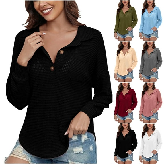 Otntypg Fall Womens Henley Tops Loose Fit Casual Waffle Knit V-Neck Long Sleeve Button Down Collared T-Shirts with Pockets Trendy Cozy Tunics Fashion 2025 Outfit Clothing Blue L