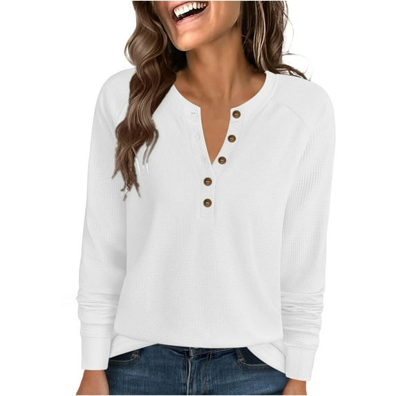 Otntypg Fall Womens Long Sleeve Waffle Knit Shirts Dressy Casual Button up V Neck Henley Tops Loose Fit Comfy Basic Tunic Tees Blouse White S