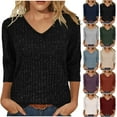 thumbnail image 1 of Otntypg Fall Womens Sweaters Trendy Basic V Neck 3/4 Sleeve Shirts Lightweight Dressy Casual Ribbed Knitted Pullover Blouses Loose Oversized Cozy Tunic Tops White L, 1 of 9