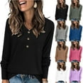 thumbnail image 1 of Otntypg Fall Womens Tops Long Sleeve Shirts Lightweight Casual Basic Solid Color V Neck Button Knit Pullover Trendy 2025 Tunic Blouse White S, 1 of 9