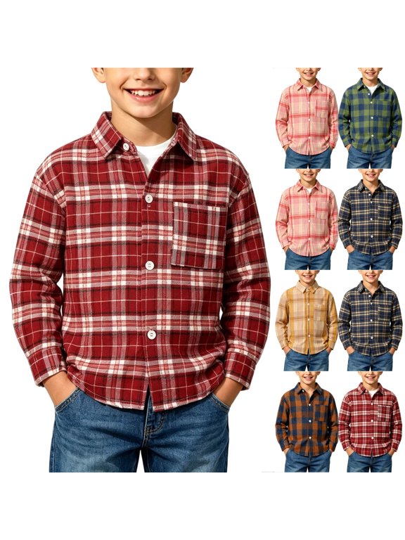 Fashion Boys Buffalo Plaid Button Down Shirts Casual Fall Long Sleeve Flannel Collared T-Shirt Lightweight Western Shirts Tops with Chest Pocket 2-15 Years