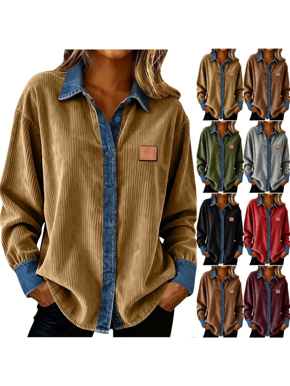 Fashion Corduory Jackets for Women Casual Lapel Denim Patchwork Stitching Long Sleeve Shacket Shirts Lightweight Button Down Outwear Jacket Tops Khaki L