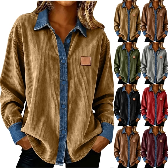 Otntypg Fashion Corduory Jackets for Women Casual Lapel Denim Patchwork Stitching Long Sleeve Shacket Shirts Lightweight Button Down Outwear Jacket Tops