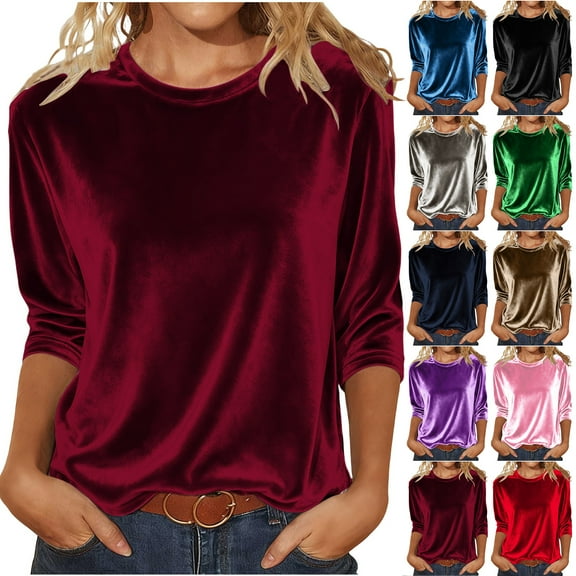 Otntypg Fashion Crewneck Velvet Tops for Women Dressy Casual Elegant 3/4 Length Sleeve Pullover Blouse Loose Fit Comfortable Tunic Shirts Navy S