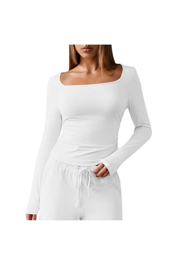 Fashion Long Sleeve T-Shirts for Women Fall Casual Solid Color Square Neck Workout Going Out Tops Cute Basic Athletic Tight Tees Shirt Y2K Outfit Clothes White XXL