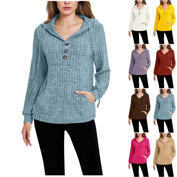 Otntypg Fashion Women Hoodie Sweater Tops Lightweight Casual Fall Spring Long Sleeve Ribbed Knit Drawstring Button V Neck Hooded Pullover Sweatshirts with Pockets Light Blue XXL