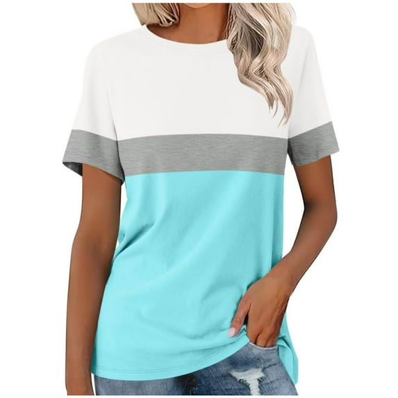 Otntypg Fashion Women’s T Shirts Plus Size Short Sleeve Striped Color Block Tops Casual Summer Basic Oversized Crewneck Graphic Tunic Tees Blouse Light Blue S
