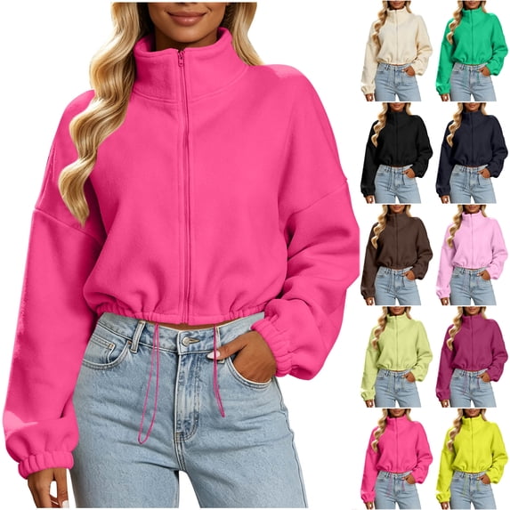 Otntypg Fashion Womens Fleece Cropped Jackets Full Zip up Long Sleeve Stand Collar Sherpa Short Jacket Trendy Fall Cozy Crop Outwear Coat with Adjustable Drawstring Bottom
