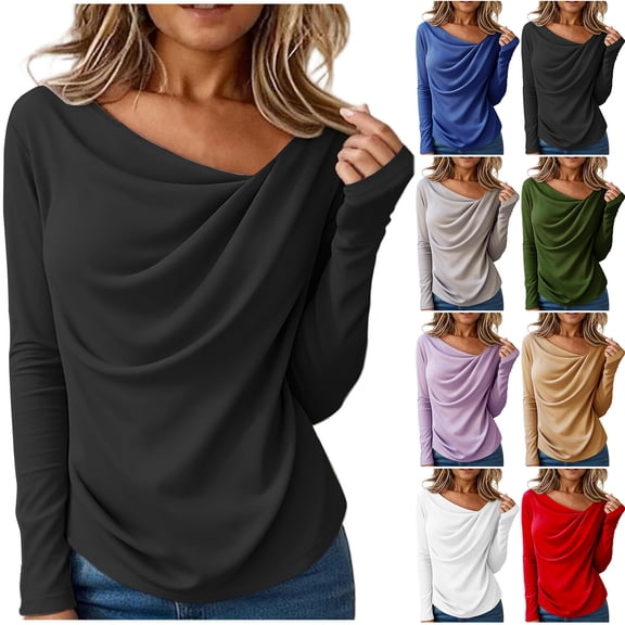 Otntypg Fashion Womens Long Sleeve Shirts Spring Fall Going Out Dressy Casual Tunic Blouse Slim Fit Ribbed Ruched Crew Neck Y2K Tops Outfit Clothes Black S