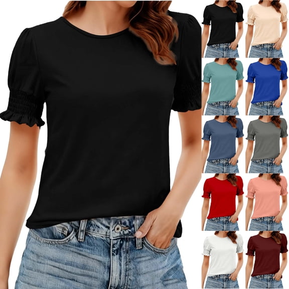 Otntypg Fashion Womens T-Shirts Casual Ruffle Trim Short Sleeve Crewneck Tunic Tops Loose Fit Dressy Pullover Blouse Green L