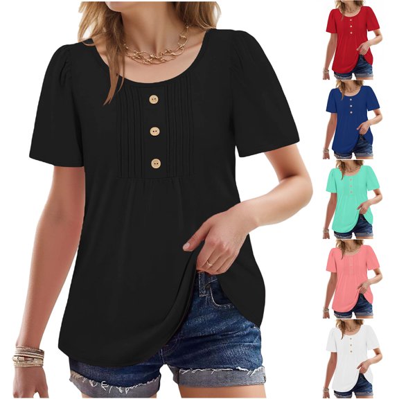 Otntypg Fashion Womens Tops Dressy Casual Summer Short Sleeve Button T-Shirts Front Ruched Pleated Crewneck Tunic Blouse Loose Flowy Spring Outfits Clothes Red L