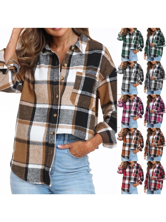 Flannel Plaid Button Down Shirts for Women Lightweight Casual Fall Winter Long Sleeve Shacket Jacket Trendy Comfy Warm Outwear Tops with Pockets Brown L